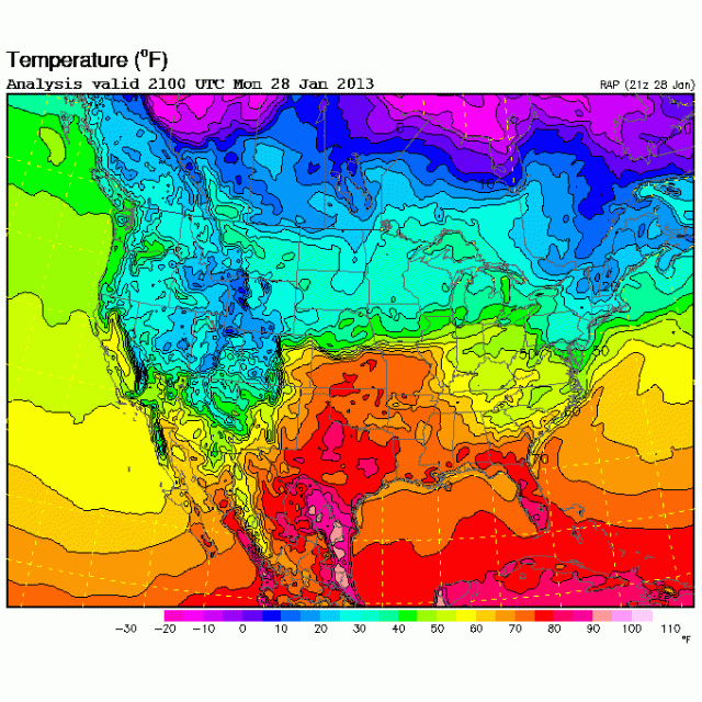 Surface temperature analysis for the afternoon of 1/28. 